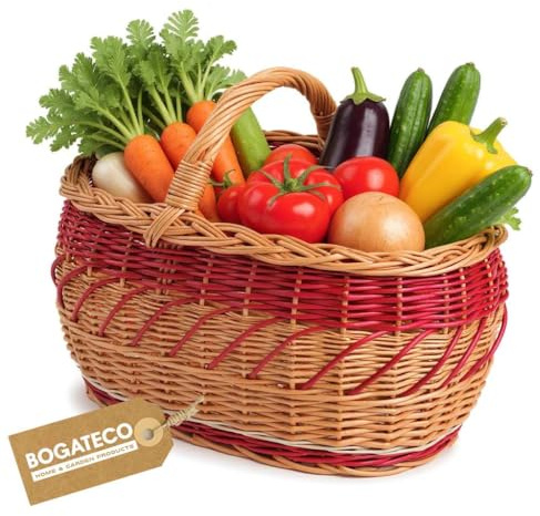 BOGATECO Cesta de mimbre natural con asa, cesta grande de la compra 45 x 30 x 23 cm, tejida a mano, disponible en cuatro colores, cesta de almacenamiento, cesta de la compra, rojo