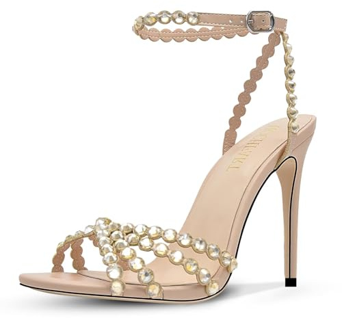 Rhinestones High Heels Stilletos Heels for Women Strappy Buckle heels Square Toe Sexy Dressy Pumps Sandals, Nude, 6 UK