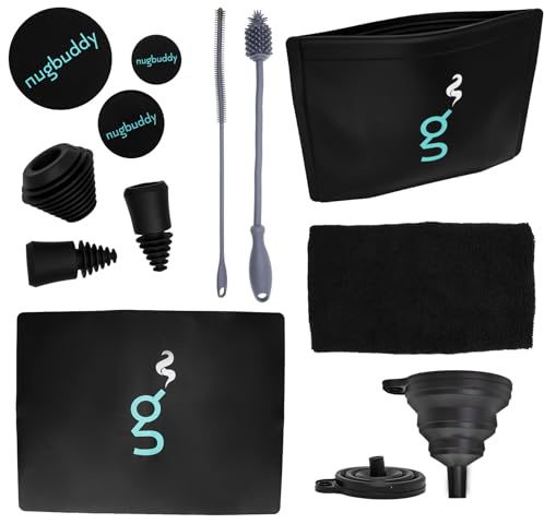 nugbuddy Glass Cleaning Kit - Reusable Silicone Accessories - Complete Kit to Clean your Piece, Just Add Cleaner - Reusable Soaker Bag, Brushes, Mat, Caps & Plugs, Funnel, & Microfiber Towel