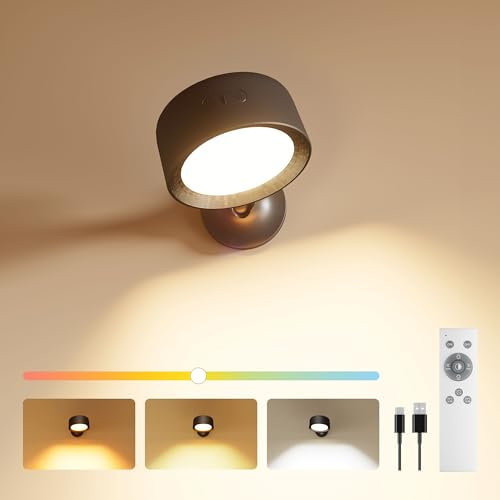 FULEN Wall Lights, LED Wall Lamp with 18 RGB Colors, 8000mAh Rechargeable Battery Operated, Touch and Remote Control,Dimmable Wireless Wall Sconces for Bedroom Indoor, 360° Rotation, Black-1 Pack