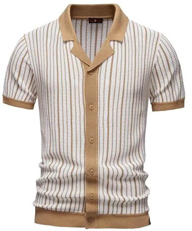 Polo pour homme à manches courtes - T-shirt rétro tricoté à rayures des années 70 - Vintage - Manches courtes - Boutonnage - Vêtement d'affaires - Polo en tricot à manches courtes, kaki, L