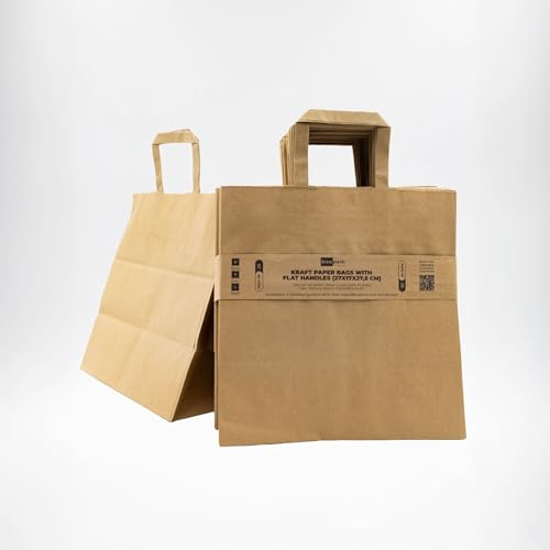 BICAPACK - 25 Bolsas de Papel Kraft con Asas Planas (27x17x27 cm) | Papel 110g/m² | Ecológicas y Versátiles