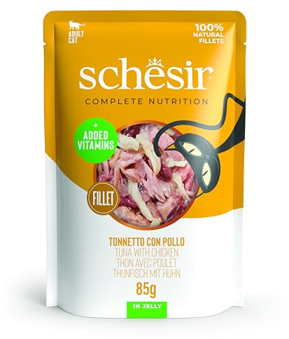 Schesir, Tonnetto med gelé kyckling, komplett våtfoder för katter, i påse, 100% naturliga ingredienser, Cruelty Free, 12 x 85 g