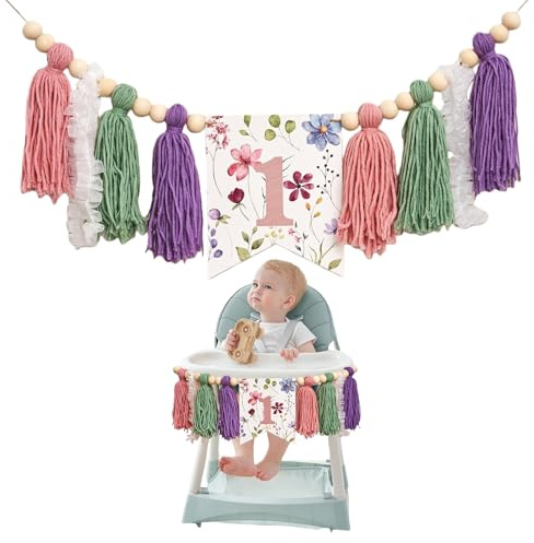 Auroriel Stendardo per Seggiolone Wildblumen, Decorazione per 1° Compleanno da Fata, Ghirlanda di Nappe e Fiori Multicolore per Ragazze, Accessorio per Feste