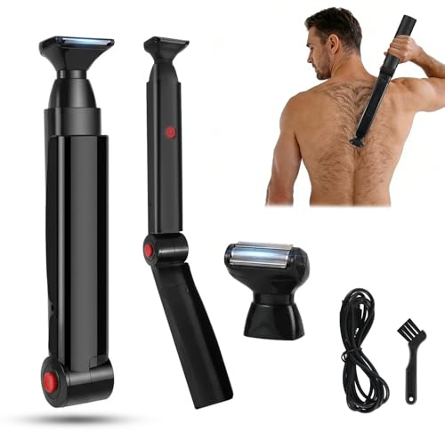 Afeitadoras de espalda para hombres, afeitadoras corporales plegables para hombres con 2 cabezales de afeitadora flotantes, kit de aseo corporal eléctrico inalámbrico con mango largo para espalda