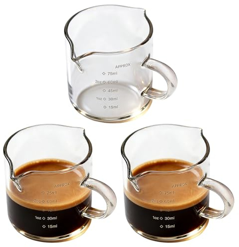 xoqoiuo 3Pcs Clear Glass Espresso Cups, Espresso Cups Glass with Double V-Shaped Spout, Expresso Coffee Cup with C-Type Handle, Coffee Measuring Cup Suitable for Cappuccino Latte and Café