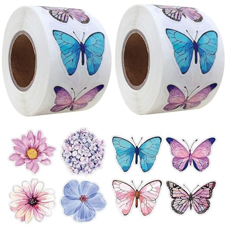1000 Pcs Spring Rolls Assorted Butterfly & Flower Stickers, Colorful Self-Adhesive Waterproof Decorative Well Done & Reward Stickers for Scrapbooks, Luggage, Skateboard Decorations