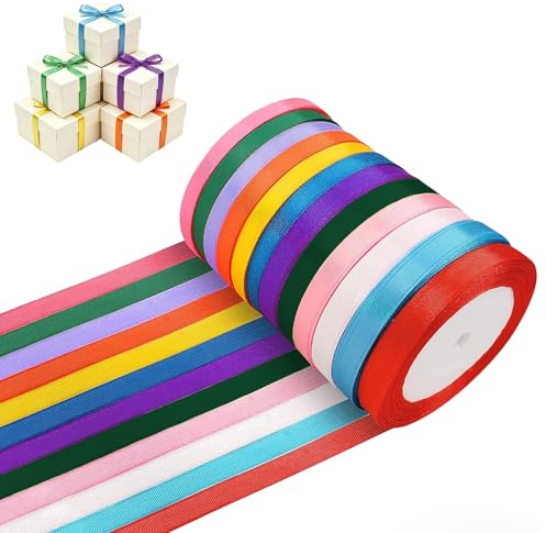 HAGOT 12 Rouleaux Ruban Satin 10mm x 22m, Ruban Cadeau Multicolore en Polyester, Ruban DIY pour Emballage Cadeau, Décoration Mariage, Bouquet, Nœud Cheveux, Travaux Manuels