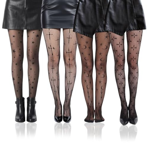 Hwanme 4 Pairs Stylish Star Tights,Patterned Tights for Women,Black Fishnet & Elegant Designs,Comfortable & Versatile for All Occasions