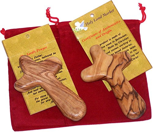 Holy Land Market 2 Olive Wood Caring/Holding Cross with Bag (Gift Kit)