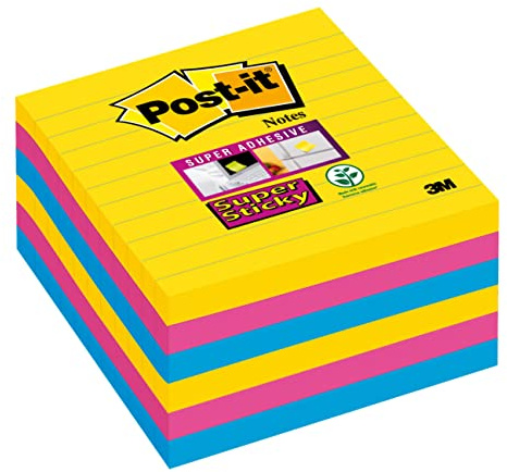 Post-it Super Sticky Notes, Lined, 540 Sheets, Pack of 6 Pads, 101 mm x 101 mm - Holds Strong to Many Surfaces - Bright Colours - for Walls, Monitors and Fridge, Recycable