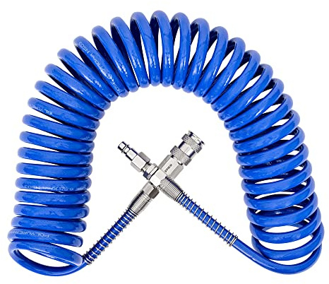 STIER Spiral Druckluftschlauch, Länge: 7,62 m, Presslaufschlauch, Innendurchmesser: 6,5 mm, Betriebsdruck: 10 bar, aus hochwertigem Polyurethan, mit Stecknippel, Knickschutz