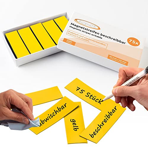 ECENCE Magnetstreifen beschreibbar 75 Stück - 60x20mm - abwischbare Magnetschilder - Magnet-Etiketten zuschneidbar für Whiteboards, Kühlschränke, Magnettafeln - Gelb