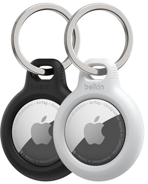 Belkin Portachiavi per Apple AirTag (2 pezzi), Custodia con Anello Porta per AirTag, Antigraffio, Design Aperto, Bordi Rialzati per Uso con Chiavi, Animali Domestici, Bagagli, Nero e Bianco