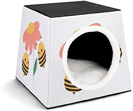 Three-Purpose Cat House Cat Bed Cat Sofa Foldable Cat Shelter Scratching Toy with Removable Cushion Cartoon Bees Flower