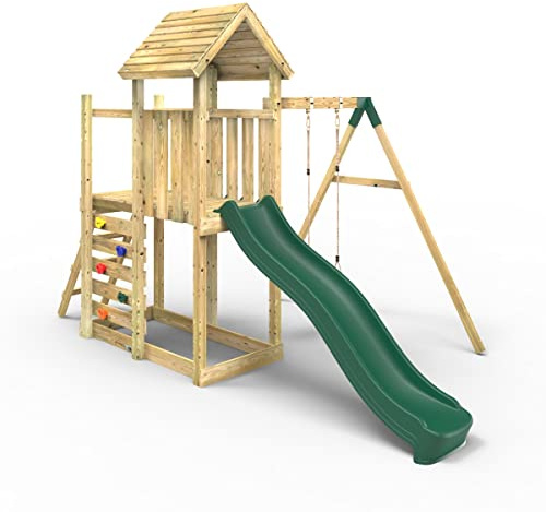 Rebo® Extended Tower Wooden Climbing Frame with Swings and Slide - Rushmore | OutdoorToys | Kids' Outdoor Wooden Garden Play Equipment, Children's Jungle Gym