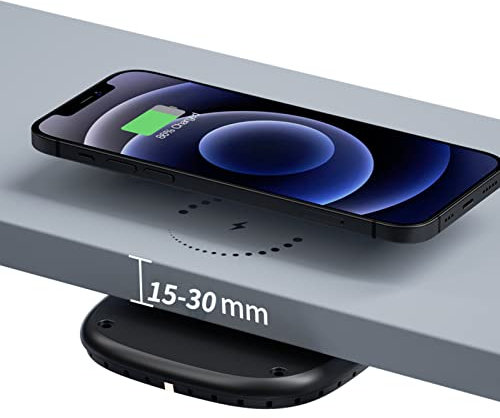 AMPACO Cargador inalámbrico Invisible, Cargador QI de 30 mm para Debajo de la Mesa Carga inalámbrica de 10 W para i-Phone 14/13/12/11/X/8 Bar/Mesa de café/Regalo de Escritorio para la Familia