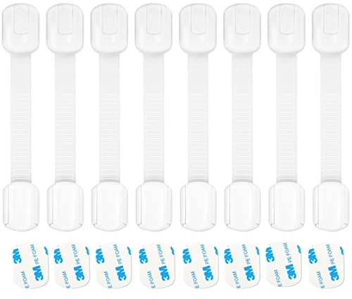 Ertzinla Child Baby Safety Cupboards Straps Locks (8 Pack) for Cabinets Drawers Toilet Fridge, Easy Installation, No Drilling Required, White