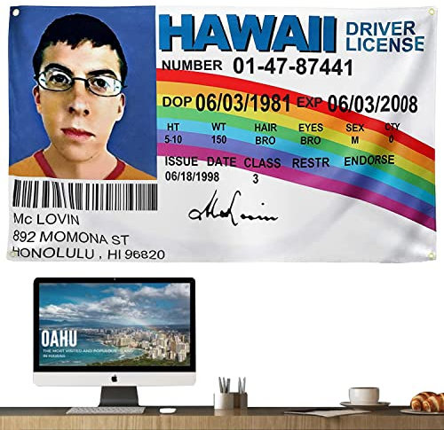 Funny McLovin ID Flag Fake Driver License,3x5 FT Tapestry Banner Meme Poster with 4 Brass Grommets,HD Printing,Thick Cool Flags for College Dorm Room Decor and Bedroom Teen