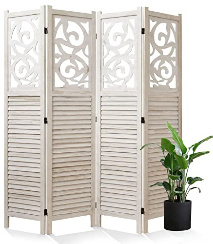 Room Divider Wood Carved Wall Divider Indoor Folding Portable Partition Screen for Home Office Garden Terrace - 4 Panel, 67 * 60inch (White)