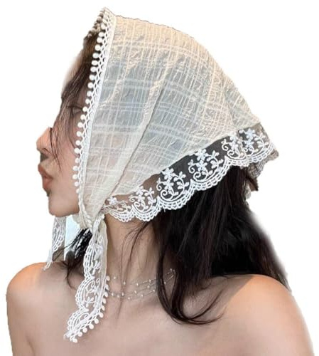 Haowul Lace Triangle Head Scarf Elegant Head Covering Summer Sweet Girls Silk Scarf Fashion Hair Bandanas for Women Girls Head Decor