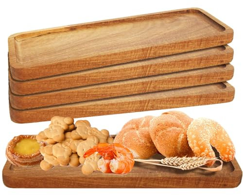 MIVIDE 6Pcs 28x10CM Wooden Serving Tray, Acacia Wood Tray, Wooden Serving Platter Boards for Food, Wood Trays for Display Tea, Coffee, Drinks