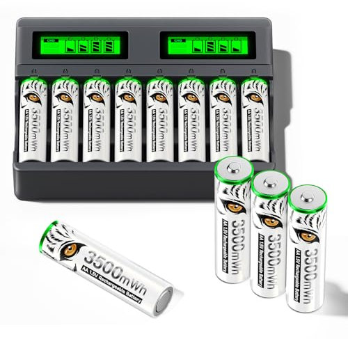 Mspalocell 1.5v 3600mWh AA Batería de Litio Recargable con Cargador, 8 Ranuras USB C Tipo-C Carga Independiente LCD Cargador Rápido Inteligente, con 8 Pilas AA