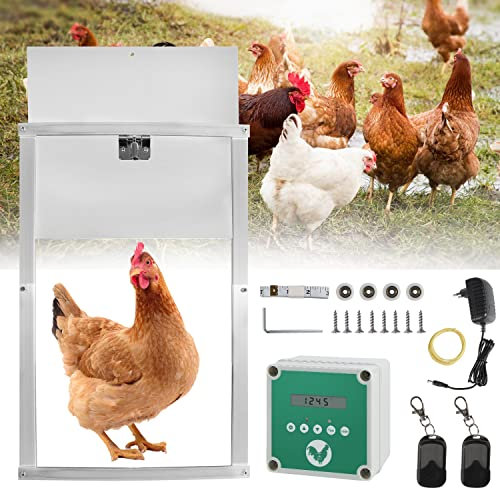 Daromigo Automatische Hühnerklappe, Aluminum Lichtsensor Elektrische hühnerklappe mit Großes Display, Timer, Einklemmschutz, Fernbedienung, Hühnertür Türöffner 60x30cm, Wasserdicht IP44