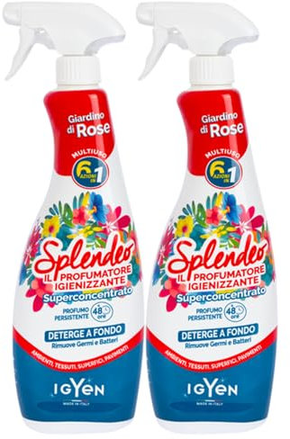 Detergente Multiuso Spray, Il Profumatore Igienizzante Superconcentrato, GIARDINO DI ROSE. Deterge a Fondo, Rimuove Germi e Batteri, 48h Di Pulito Profumato 750ml (2 Spray)