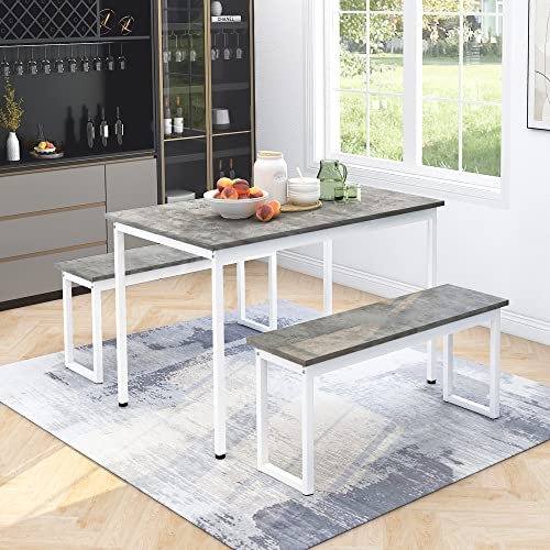 Merax Dining Table and Bench Set 2, Simple but Modern, Compact 4-Person Space-Saving Dinette for Kitchen Patio Outdoor, Industrial Style Steel Legs & Tabletop, Grey Imitation Marble Grain Finish