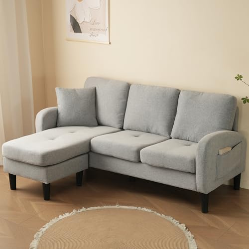 MURUL Divano angolare a forma di L con chaise longue - Divano a 3 posti, tessuto di lino di cotone traspirante, appartamenti e uffici, gambe in plastica, design modulare, ideale per soggiorno (grigio)