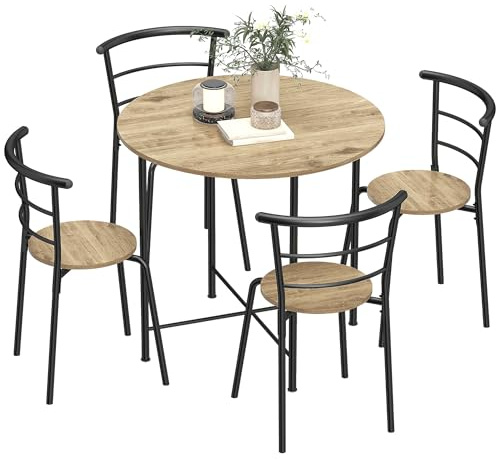 HOMCOM Set Tavolo e Sedie Sala da Pranzo 5 Pezzi, Tavolo da Pranzo Rotondo e 4 Sedie in Legno e Metallo, Salvaspazio, Stile Industriale, per Soggiorno Salotto Cucina, Nero e Color Legno