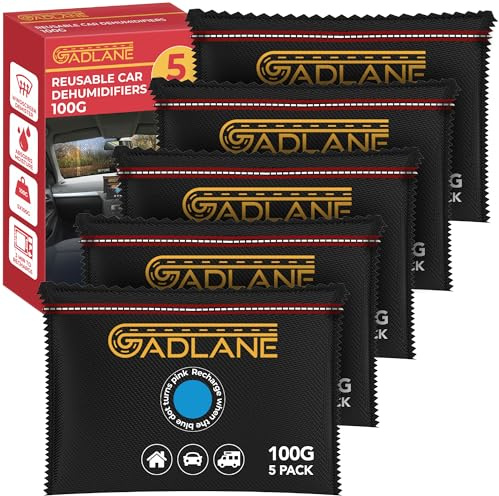 GADLANE Reusable Dehumidifier Bags for Car 100G - 5 Pack Car Condensation Absorbers - Eliminates Foggy Windscreen/Windows, Absorbs Moisture in Cars, Caravan, Van, Home, Wardrobe - Silica Gel Bags x 5