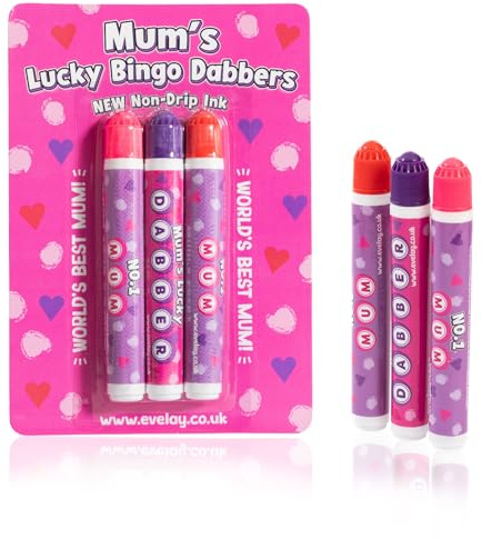 evelay Best Mum Bingo Dabber Set | 3 färgmarkörer i lila rosa röd | Smooth No-Mess Ink | Lättgreppade pennor för bingonätter | rolig present till mammafie-spel