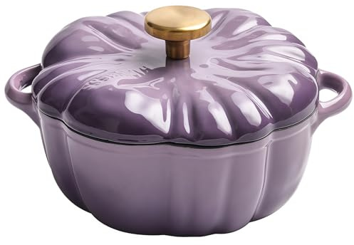 WENNEWU Pumpkin Cocotte with Lid, Pumpkin Cast Iron Dutch Oven, Pumpkin Shape Cooking Pot, Non Stick, for Various Stoves, Halloween and Thanksgiving Decor Gift,Purple style a,16cm
