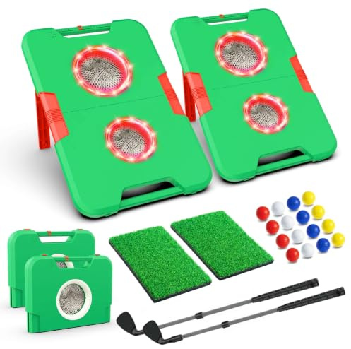 VATOS 2PCS Backyard Golf Cornhole Game Set, Light up Golf Chipping Game with Clubs, Balls, Hitting Mat, Indoor & Outdoor Golf Training Equipment Accessories for Men, Gift for Kids, Adults, Golfer