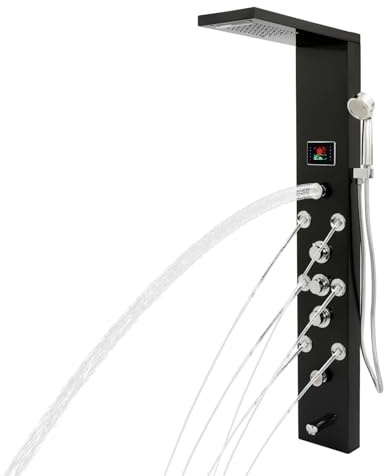 Loobiiny Duschpanel rostfritt stål svart 0–90 °C 6 funktioner komplett duschsystem med LED-blandare för väggmontering regndusch huvuddusch handdusch