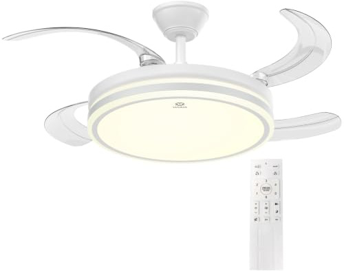 Woox Ventilador de Techo con Luz, 30W Motor DC + 50W Luz con Brillo y CCT Regulable sin Escalonamiento, Ventilador Retráctil de 4 Aspas, 6 Velocidades, con Control Remoto Funcion Verano e Invierno