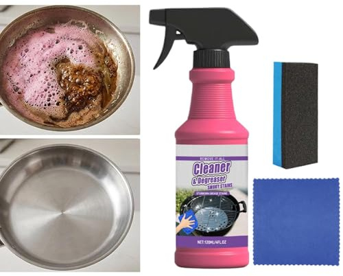 Avfettningsspray Kraftfull Fettborttagare 120 ml med en Svampduk | Spray för Grillrengöring för Bänkskivor Köksfläktar Galler Ugnar Spishällar Elektriska Rökugnar
