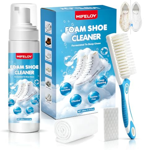Nettoyant à chaussures 240 ml – Nettoyant mousse pour chaussures blanches, baskets et toile, élimine la saleté et les taches, kit de nettoyage complet avec brosse, chiffon et éponge magique