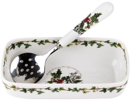Portmeirion Home & Gifts Christmas Cranberry Dish & Slotted Spoon, Ceramic, Multi-Colour, 11.4 x 20.5 x 5.5 cm