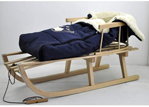 Slittino in legno di faggio, schienale con corda di trazione + sacco a pelo invernale da 40 x 90 cm, pattini in metallo blu scuro