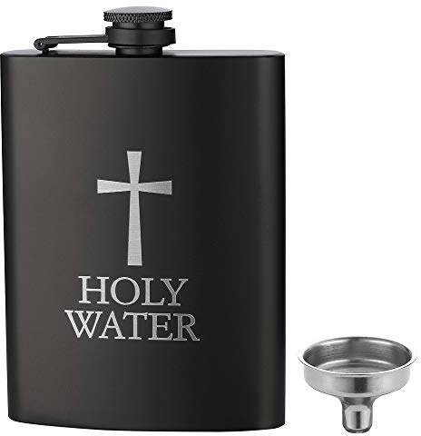 HOLY WATER, JXS 8oz 18/8#304 Stainless Steel Black Hip Flask for Liquor, Leakproof with Funnel Gift Package