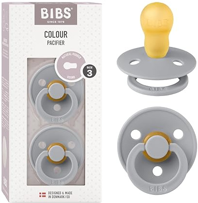 BIBS Colour Soother 2-Pack, BPA Free Dummy Pacifier, Round Nipple. Natural Rubber Latex, Made in Denmark, Size 3 (18+ Months), Cloud