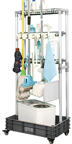 QTJH Storage Shelf Broom mop Holder Hold Your Cleaning Supplies Janitorial cart Steel Organizer Wire Rack