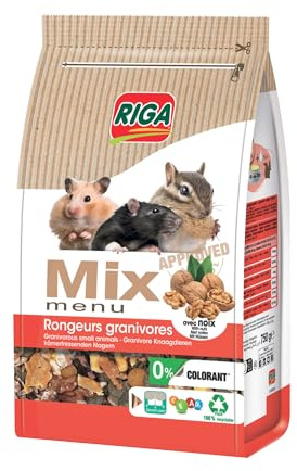 Riga - Menu Mix pour Rongeurs Granivores - Hamster, Rats, Ecureuils, Souris, Gerbilles - Aux Noix - Riche en Vitamines Et Minéraux - sans Colorant - Sain Et Équilibré - 750G