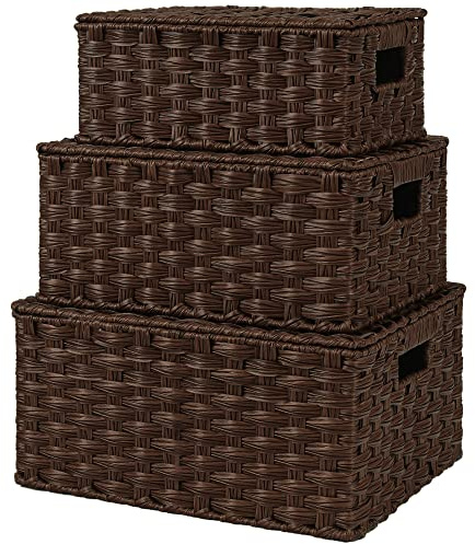 GRANNY SAYS Cestini portaoggetti con coperchio, set da 3 cestini vimini decorativi, robusti cesti con manici, cestino intrecciato per organizzare, cestino con coperchio per bagno, soggiorno, Marrone