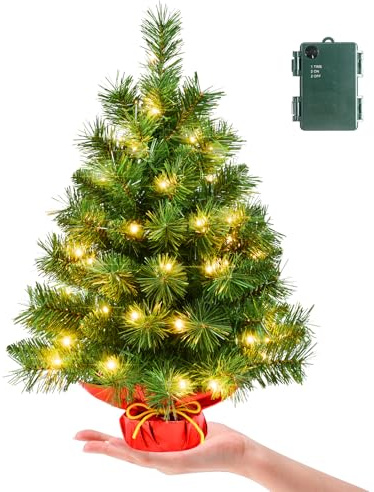 Pre-lit 2ft Small Christmas Tree, Leeheeyee Artificial mini Christmas Tree with 50 LED Lights, Battery Operated Tabletop Xmas Tree with Burlap Base for Table Desk Home Christmas Decor