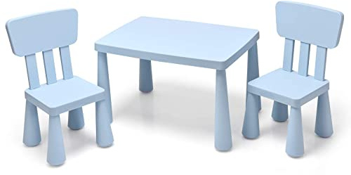 GYMAX Set Tavolino per Bambini con 2 Sedie di Plastica, Tavolino e Sedia per bambini, per Mangiare, Leggere, Dipingere, Adatto a 1-7 Anni (Azzurro)
