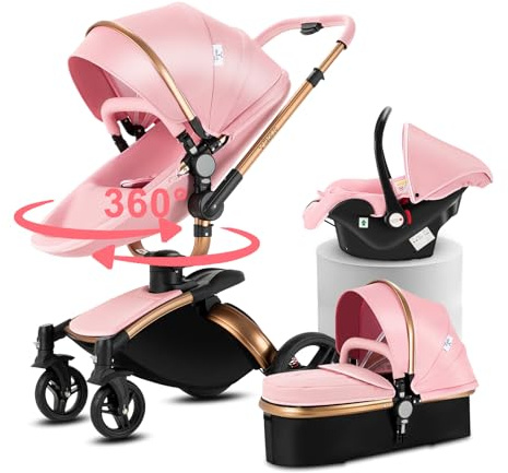 MoLi PU-Leder Kinderwagen 3 in 1, Kinderwagen mit 360° Drehbarem Cabrio-Sitz, Buggy mit Großer Bequemer Babywanne, Kombikinderwagen 3 in 1 Rahmen Aluminiumlegierung Faltbar Hohe Landschaft (906 Pink)